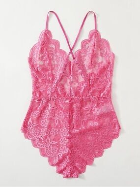 Avidlove Pink Floral Lace Scallop Trim Teddy Bodysuit